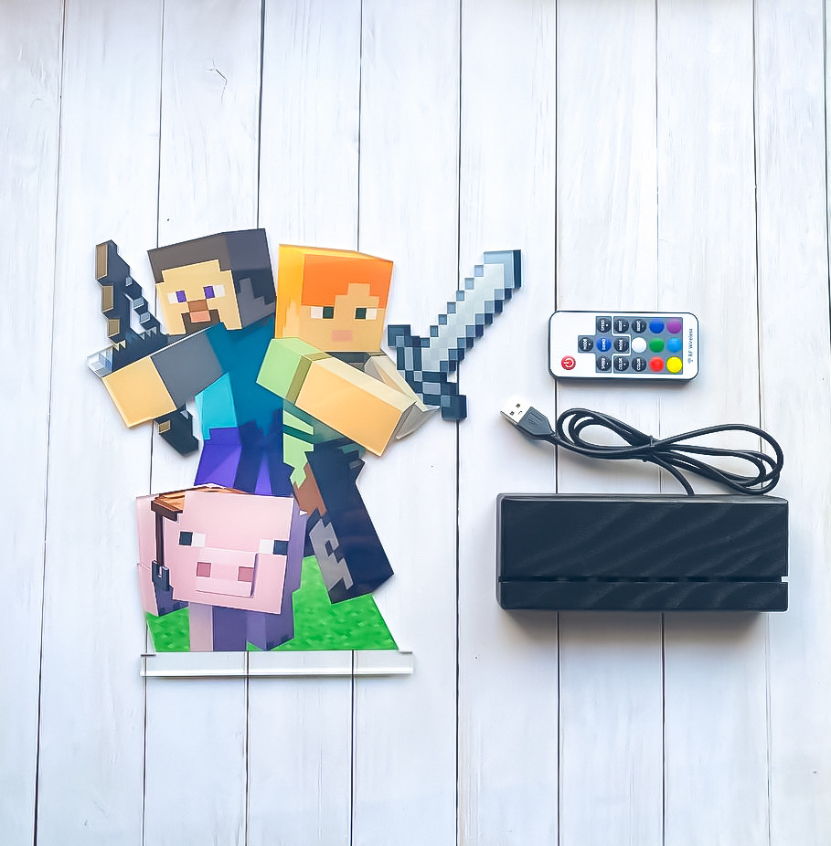 Нічник Стів і Алекс Майнкрафт з регулюванням світла через пульт ДУ (на чорній підставці) - Зображення 7