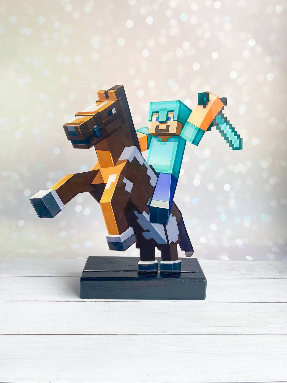 Дитячий нічник Стів на коні з Майнкрафт Minecraft (на чорній підставці)