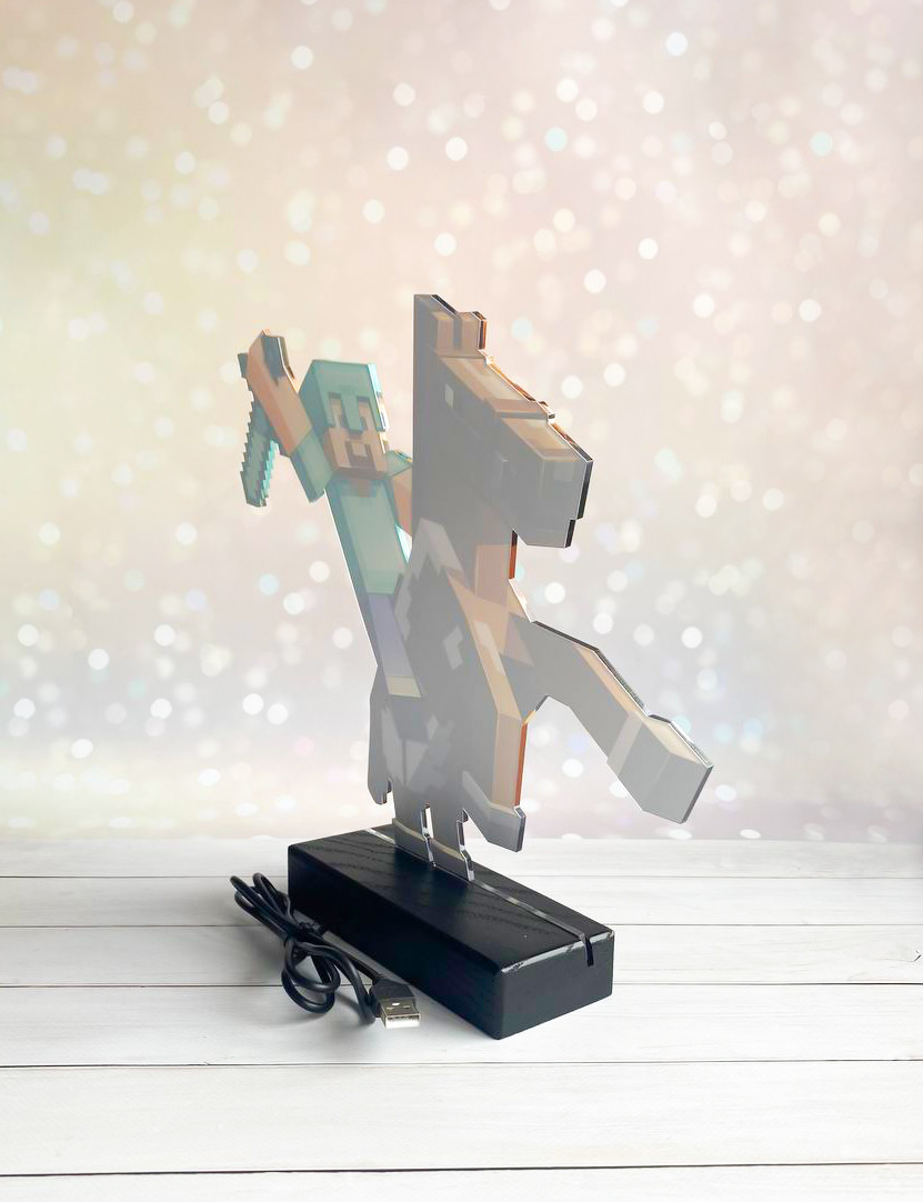 Нічник Стів на коні Майнкрафт з регулюванням світла через пульт ДУ (на чорній підставці) - Зображення 9